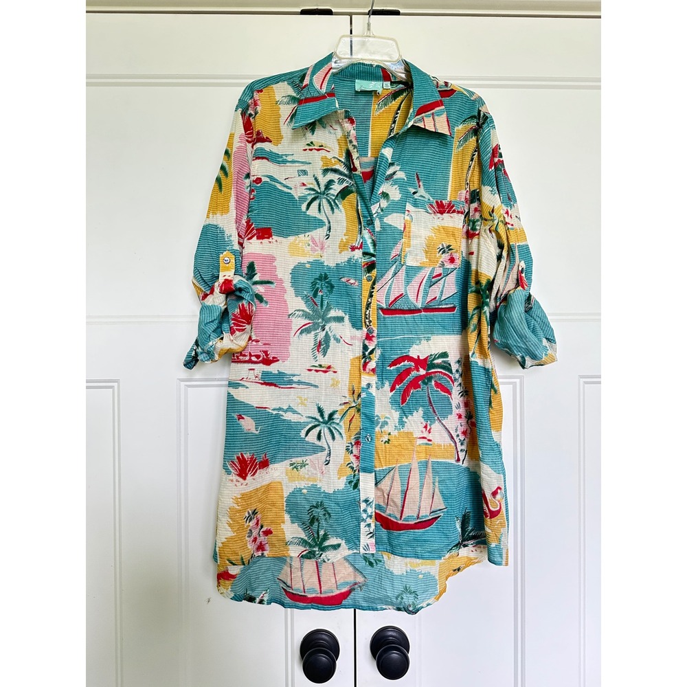 True Destinations Swim Coverup Shirt Women XL Resort Tunic Tropical Island Print